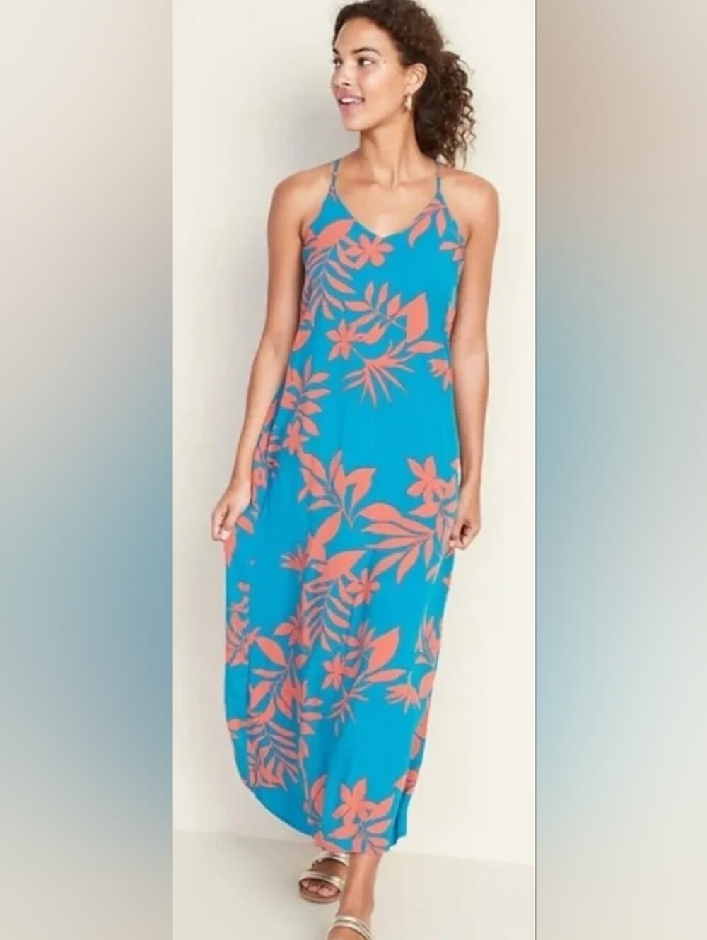 Old Navy Blue Floral Maxi Dress with Coral Print Size XS